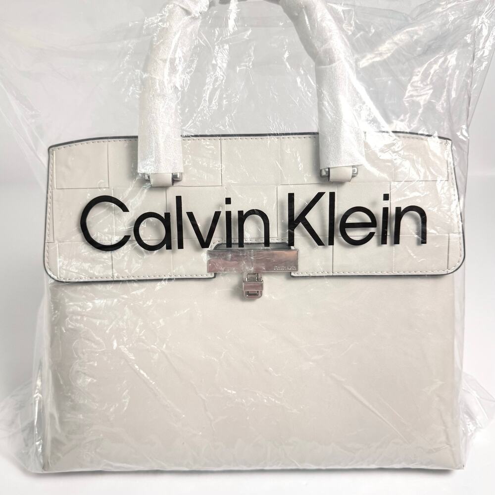 Calvin Klein Becky Turnlock Convertible Satchel Vegan Leather Dove Gray NWT - Picture 4 of 12